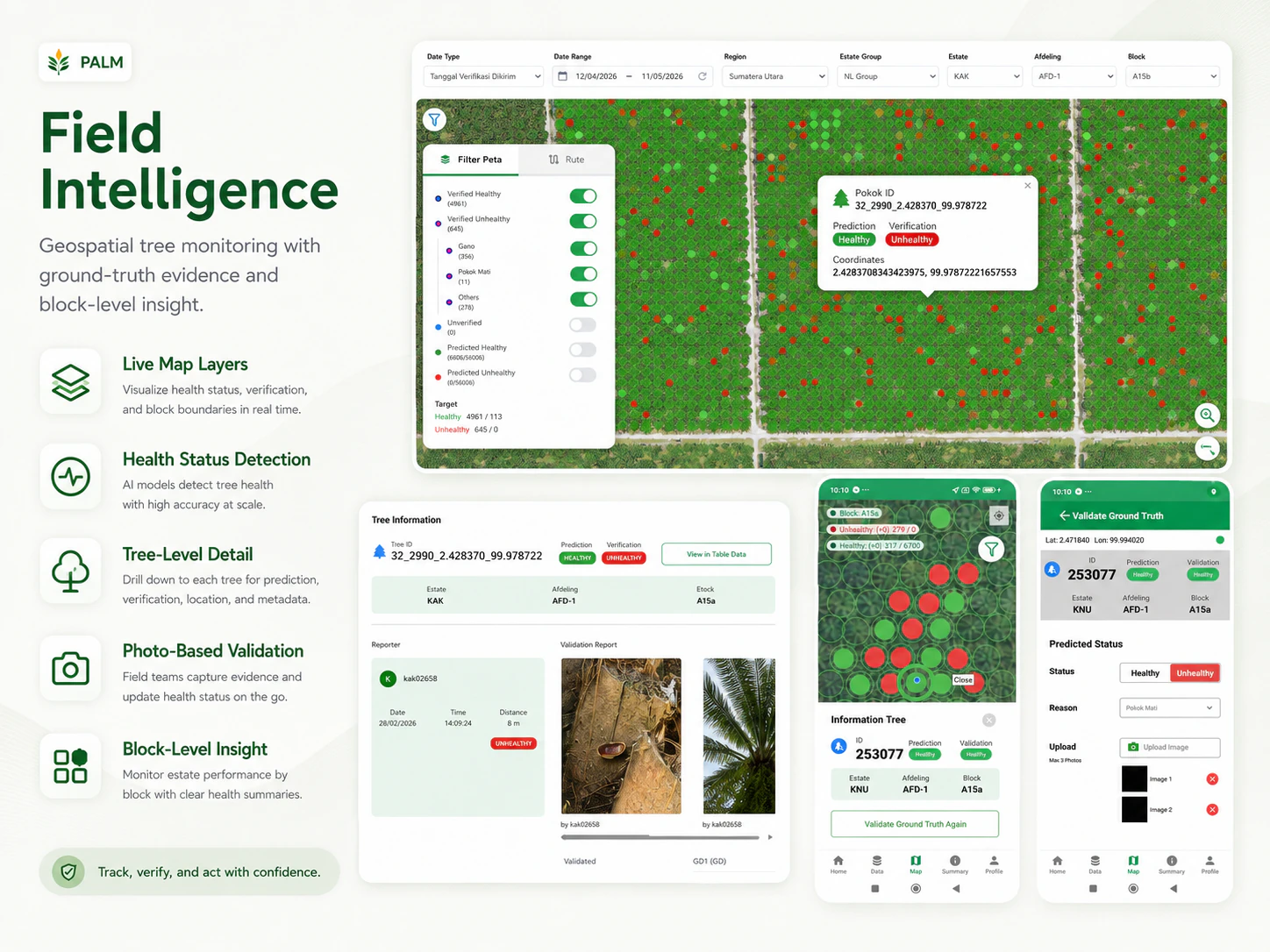 Field intelligence view with a geospatial tree map, health-status layers, filter panel, and tree-level detail.
